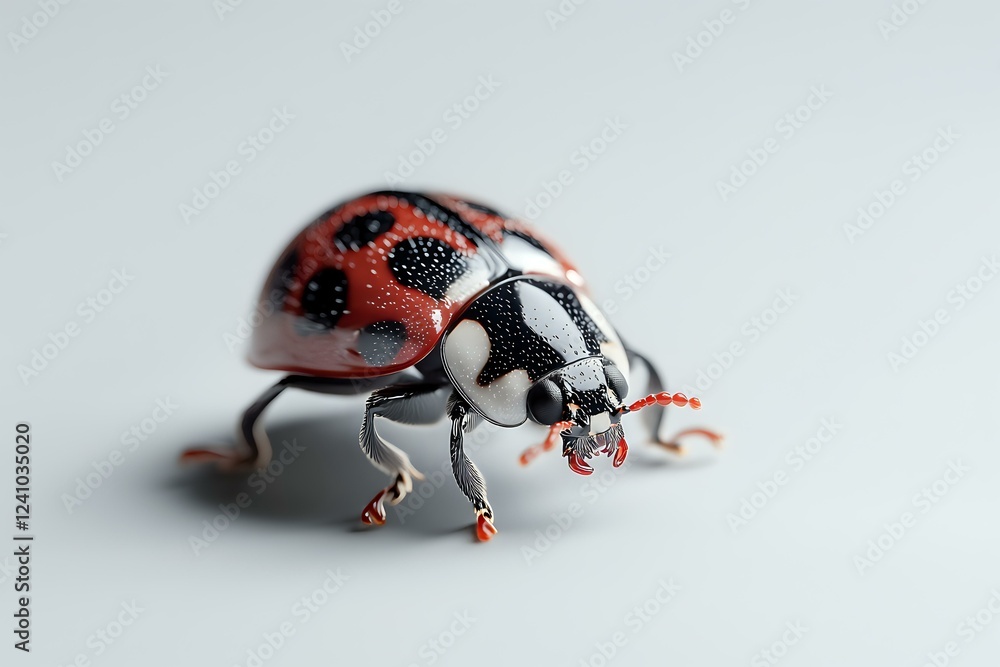Poster red and black spotted ladybug macro photography on light background, detailed close-up view showing 