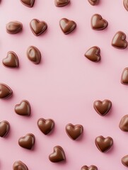 Fototapeta premium A Symphony of Hearts: A Delightful Collection of Exquisite Chocolate Hearts, Beautifully Displayed on a Pastel Pink Surface, Creating a Scene of Pure Romance and Sweet Indulgence