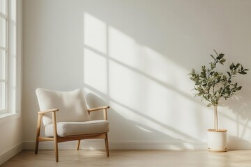 Fototapeta premium brightly lit living room interior featuring a cozy armchair against an empty white wall, creating a versatile space that invites relaxation and comfort, ideal for design inspiration