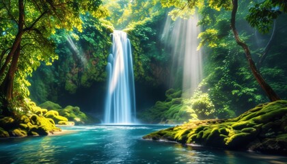 Obraz premium Majestic waterfall in lush greenery with copy space for nature design and meditation inspiration