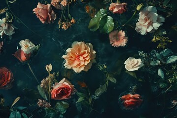 Floral still life: Roses and other blooms float on dark water.