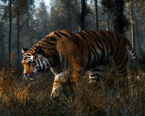 Naklejka premium Majestic Siberian tiger stalking through autumnal forest; powerful predator in natural habitat.
