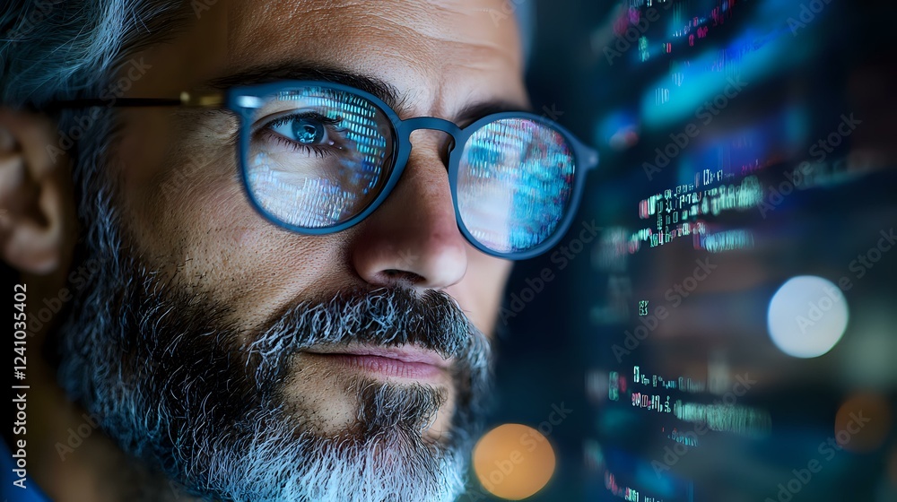 Poster middle eastern man with glasses and beard looking at glowing computer code display, illuminated by b