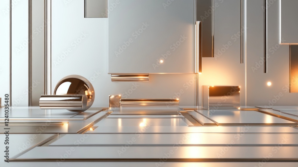 Poster minimalist tech-inspired grid with metallic texture showcasing a 3d geometric composition