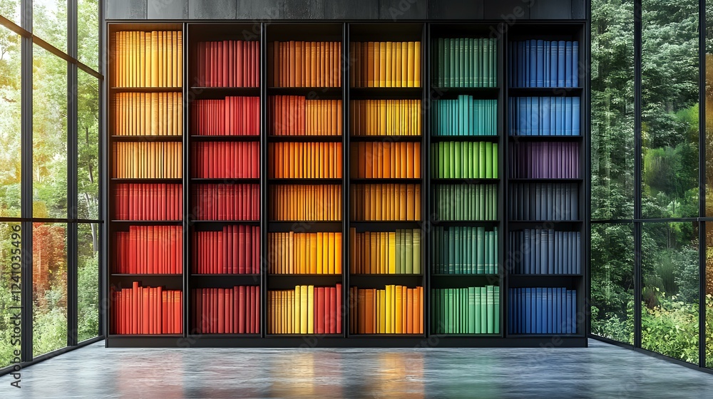 Poster colorful rainbow gradient bookshelf with backlit panels in modern minimalist interior space, floor-t