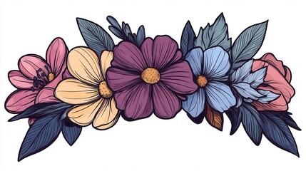 a vibrant flower crown vector, accessory element, handdrawn style, colorful blossoms, isolated on white background