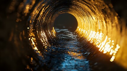 Dark tunnel with golden sunlight streaming through, creating dramatic reflections on wet surface and mysterious atmosphere. Perspective view leads into deep shadows.