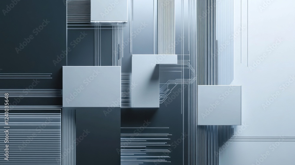 Poster minimalistic circuit layout in silver and white tones with geometric shapes and lines