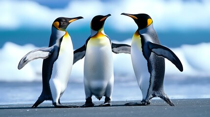 Fototapeta premium Three emperor penguins standing together on snowy beach against blurred blue sky background, displaying social behavior and natural habitat in Antarctica.