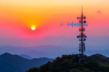 Obraz premium Majestic sunset over rolling hills with a telecommunications tower transmitting signals, showcasing vibrant colors and serene landscape.