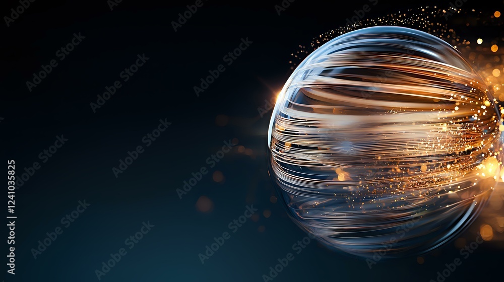 Poster glowing metallic sphere with dynamic light streaks and energy particles bursting from surface agains