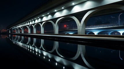 Modern Concrete Bridge at Night with Reflection in Water