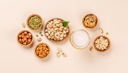 A vibrant assortment of various nuts and beer