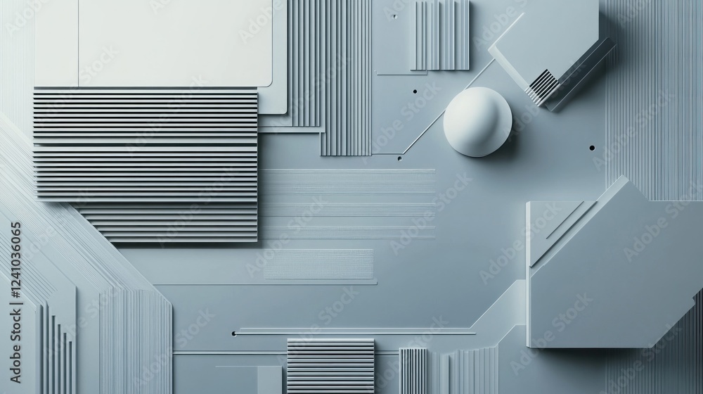 Poster minimalist circuit layout in silver and white tones, showcasing intricate patterns and geometric sha