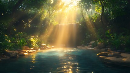 Obraz premium Sunlit Waterfall Jungle Pool, Tropical Paradise
