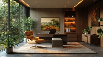Fototapeta premium A contemporary office with tawny-colored walls, dark wood furniture, neutral seating, soft warm lighting, and green plant accents for a cozy yet modern design 