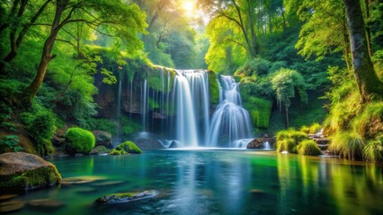 Naklejka premium waterfall surrounded by lush greenery with cascading water in a serene forest environment
