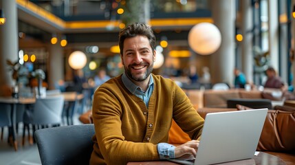 Cheerful middle-aged Caucasian businessman in mustard cardigan working on laptop in modern cafe. Authentic candid portrait showing success and work-life balance.