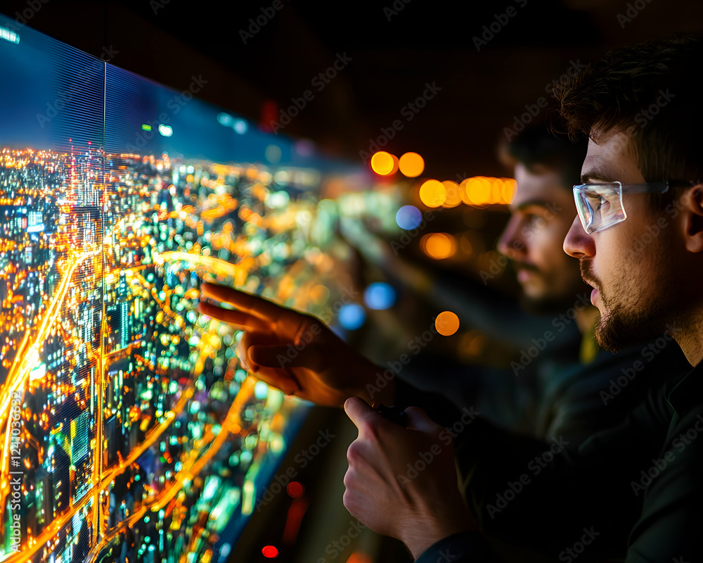 Poster two engineers collaborate, analyzing a city's nighttime lights displayed on a large interactive scre