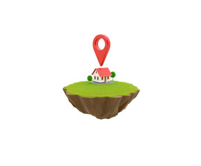 Real estate location, house with a map pin on a floating plot of land isolated on transparent or white background 