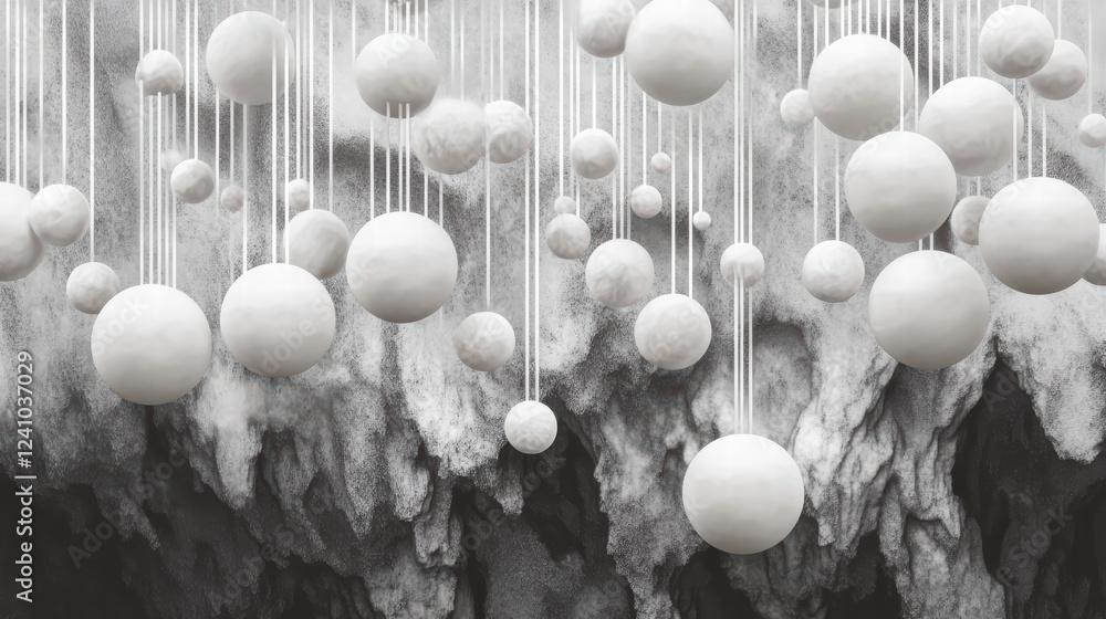 Aufkleber cascading white spheres suspended against textured gray background create modern and artistic atmosp