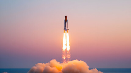 Rocket launch at dusk over the ocean with brilliant colors in the sky. 