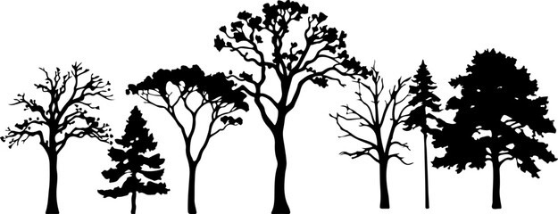 A collection of diverse tree silhouettes forms a visually striking graphic