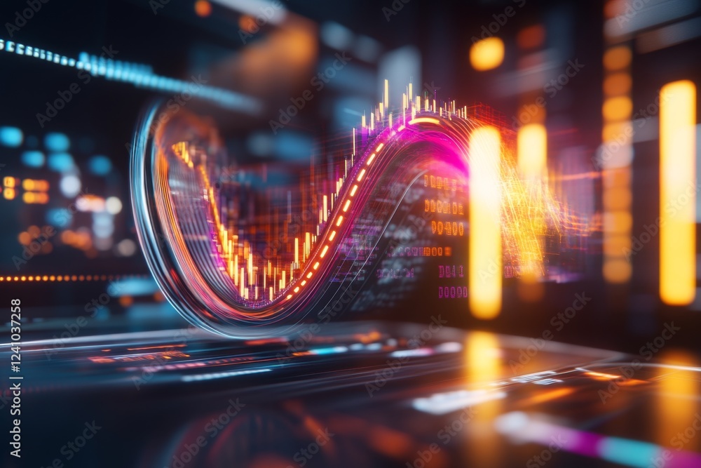 Poster a vibrant 3d illustration of a financial dashboard displaying steady investment growth, with colorfu