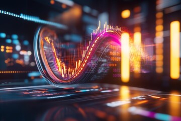 A vibrant 3D illustration of a financial dashboard displaying steady investment growth, with colorful progress bars and animated data points