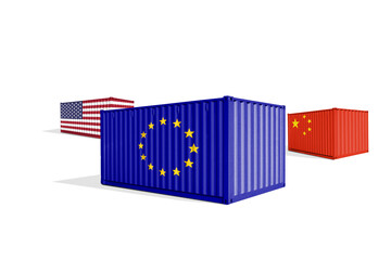 Cargo sea containers with US, EU and China flags. China, Europe Union and United States of America...