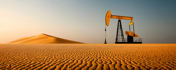 Fototapeta premium Oil pumpjack stands prominently against a vast desert landscape at sunset. 