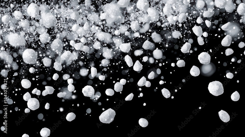 Poster falling white spheres create dynamic visual effect against black background, evoking sense of motion