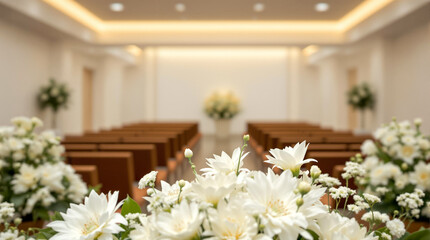 Funeral Hall with White Flowers