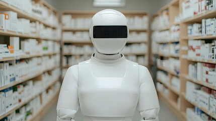 Robot assistant in a modern pharmacy during daytime operations.
