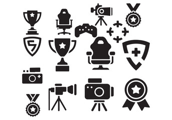A gaming-themed icons focused on competitive gaming. There is a silhouette of a trophy, gaming chair, sports logo, FPS crosshair, streaming camera, and a ranking medal.