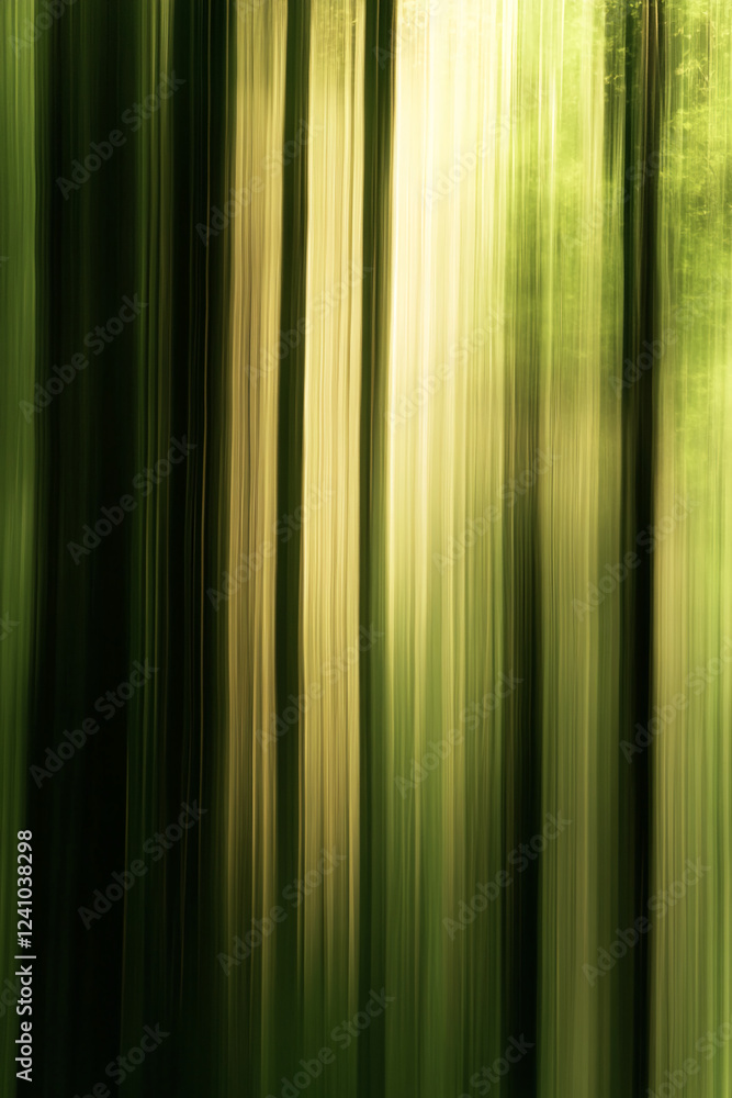 Poster abstract blurred forest scene with vertical lines of green trees and a touch of sunlight, symbolizin