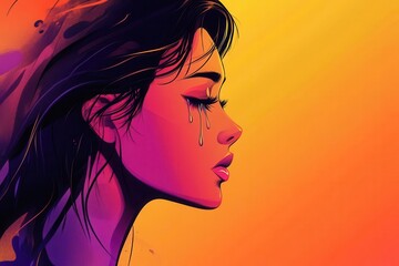 cartoon-style girl, tears flowing from her eyes, beautifully illustrated in profile, capturing a moment of deep emotion and vulnerability against a simple yet colorful background