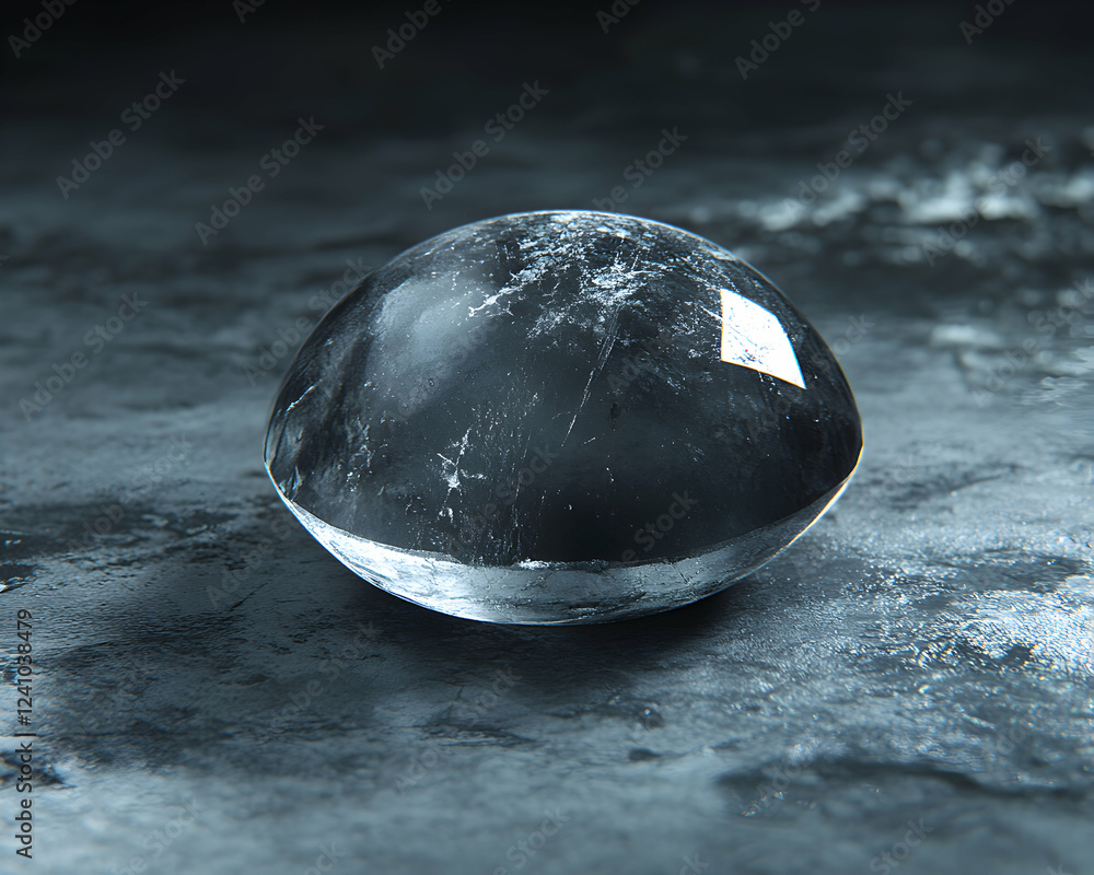 Poster abstract image of a dark, translucent sphere with subtle scratches, resting on a textured dark surfa