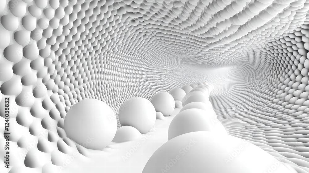 Poster realistic illustration of white spheres in textured environment, creating sense of depth and dimensi