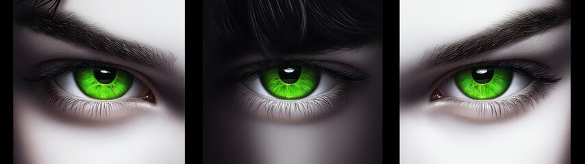 Fototapeta premium Close up view of three human eyes, intense and captivating, featuring vibrant green irises. The image evokes a sense of mystery and intrigue