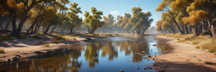 Obraz premium Clear blue sky reflects off the calm surface of a river as it winds its way through a rolling brown-tinged landscape with scattered trees, river, peaceful scene