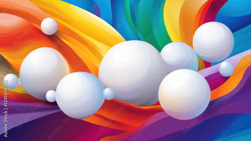 Poster realistic illustration of white spheres on vibrant rainbow background, creating dynamic and colorful