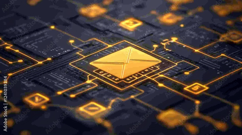 Poster golden envelope icon on circuit board background representing digital communication and technology i
