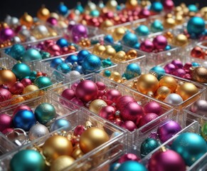 Clear plastic boxes filled with shiny ornaments and decorative items, decorative items, , gift containers