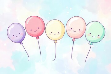 charming chibi-style balloons character illustration, featuring happy drawn figures, floating joyfully against a bright pastel background, evoking innocence and playfulness