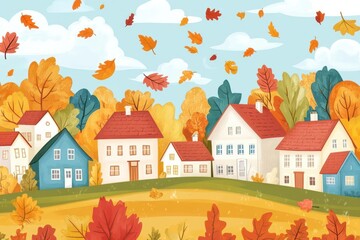 charming cartoon-style village background adorned with autumn hues, featuring quaint houses and falling leaves that evoke a sense of warmth and seasonal joy during fall