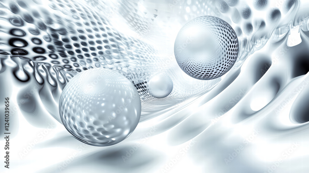 Poster realistic illustration of white spheres in motion, creating dynamic and abstract background with flu