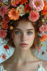 A red-haired girl with captivating blue eyes and freckles, wearing a crown of vibrant orange, pink, and yellow flowers. Her gentle expression symbolizes natural beauty perfect for Women's Day.