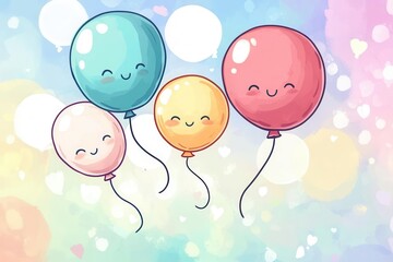 charming chibi-style balloons character illustration, featuring happy drawn figures, floating joyfully against a bright pastel background, evoking innocence and playfulness