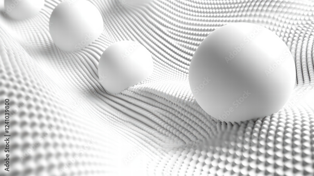 Poster realistic illustration of white spheres in motion on textured surface, creating dynamic visual effec